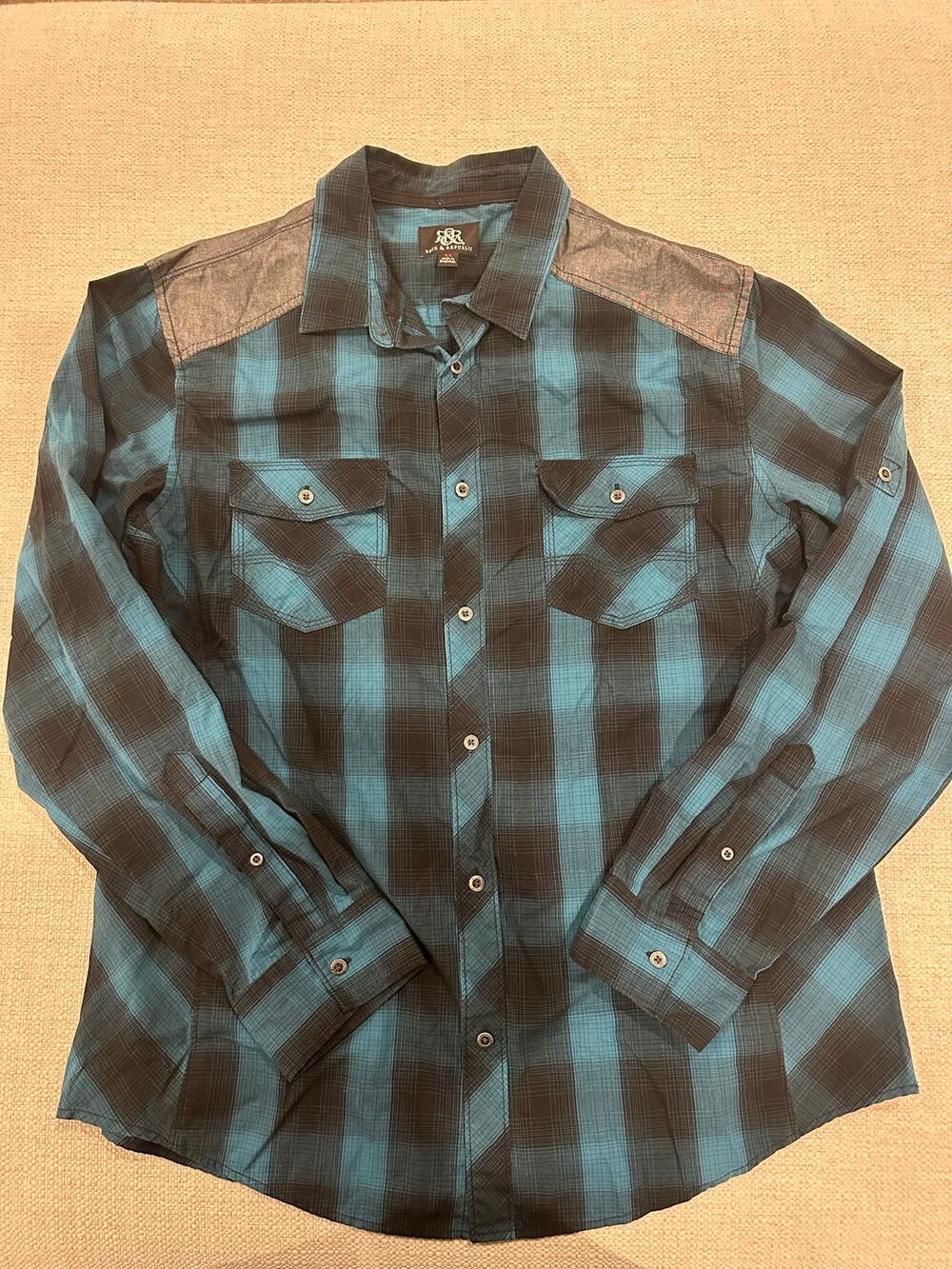 Rock & Republic Western Blue Black Plaid Design Long Sleeve Shirt Men XL Y2K